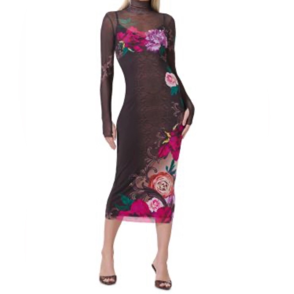 AFRM Shailene Turtleneck Long Sleeve Mesh Dress Floral Long Sleeve Dress